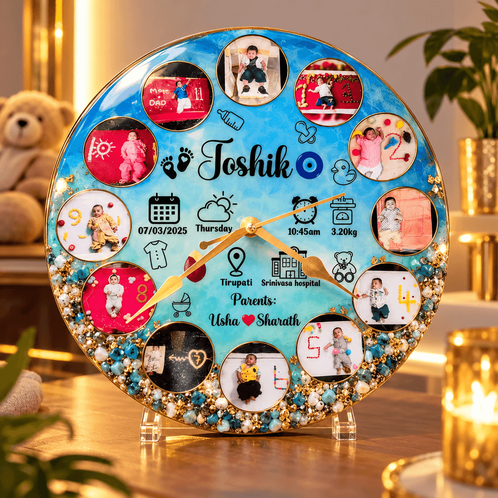 Personalized Baby Milestone Resin Wall Clock with Photos, Name & Birth Details | Jyovin