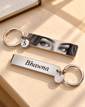Personalized Eye Photo Keychain with Name & Initial Charm | Silver Metal Gift