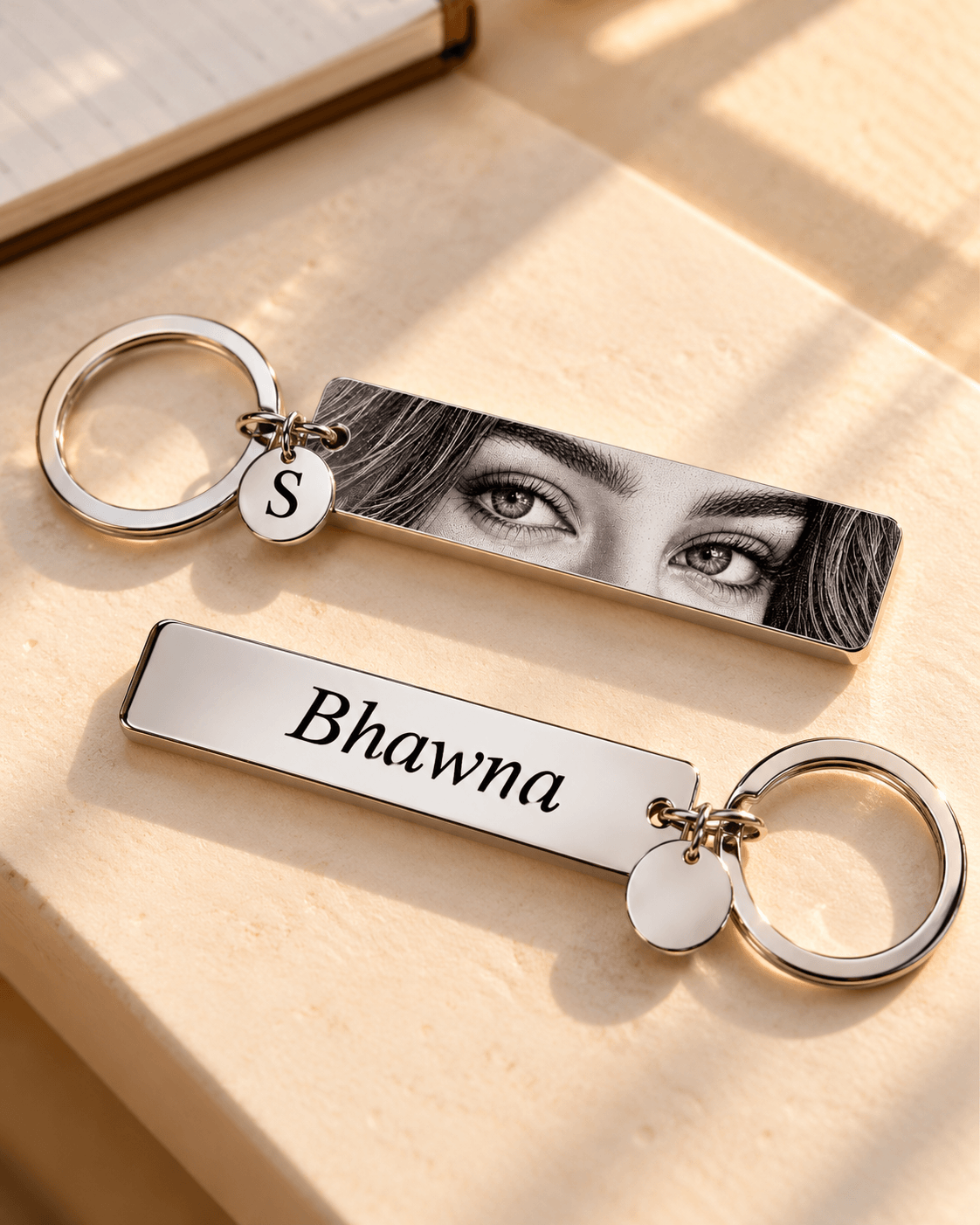 Personalized Eye Photo Keychain with Name & Initial Charm | Silver Metal Gift