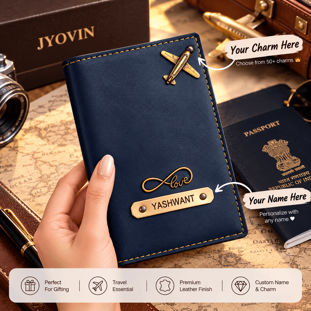 Personalized Leather Passport Cover with Name & Charms | Travel Gift