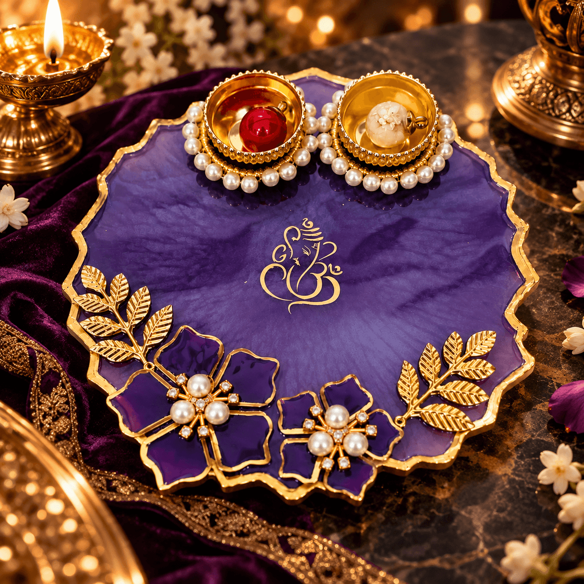 Handcrafted Resin Pooja Thali with Gold Accents & Pearl Flower