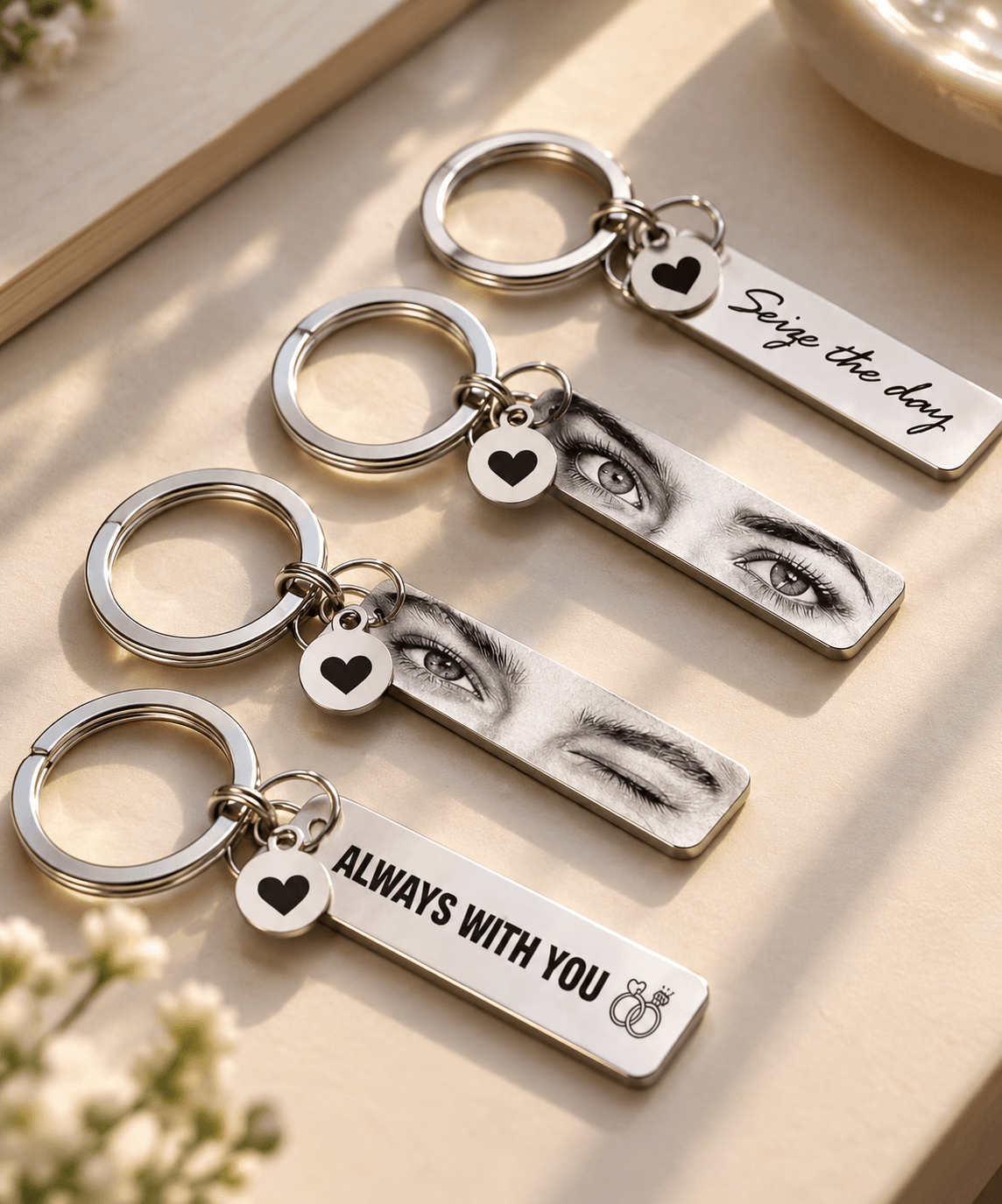 Personalized Eye Photo Keychain with Name & Initial Charm | Silver Metal Gift
