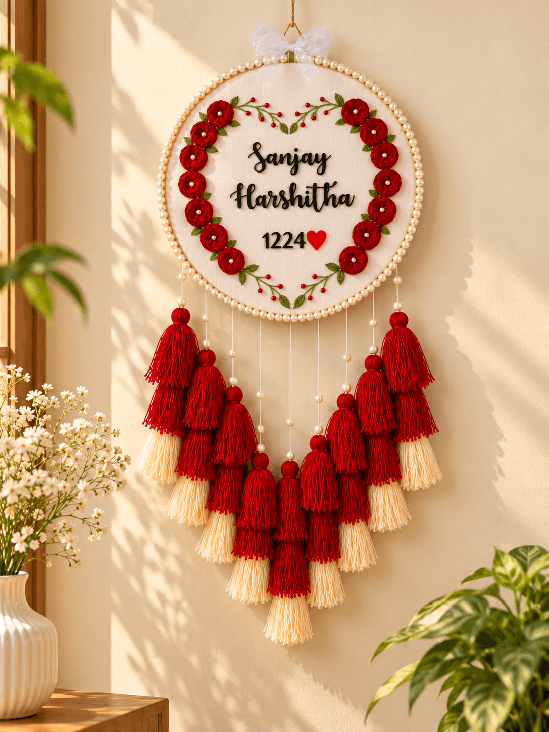 Personalized Floral Embroidery Couple Name Wall Hanging with Tassels