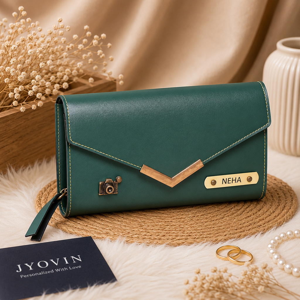 Personalized Envelope Clutch Wallet with Name Plate