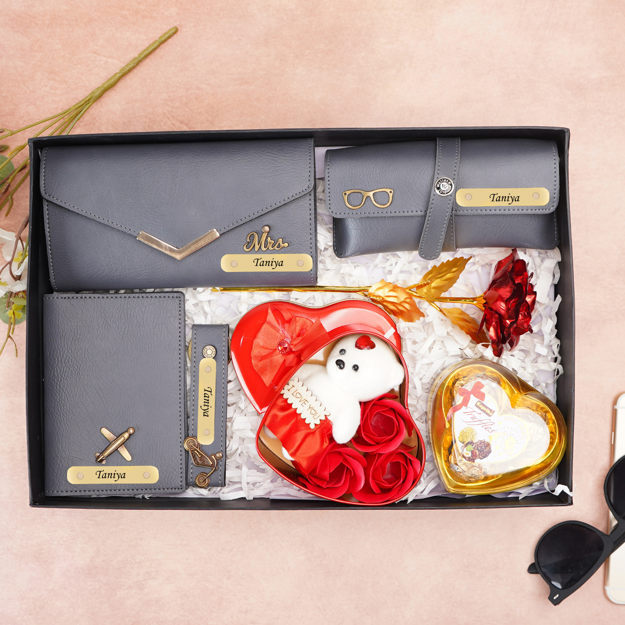 Romantic 7-in-1 Gift Box for Girlfriend / Wife On Birthday and Anniversary – Personalised Clutch, Passport Cover & Cute Teddy with Chocolates & Rose