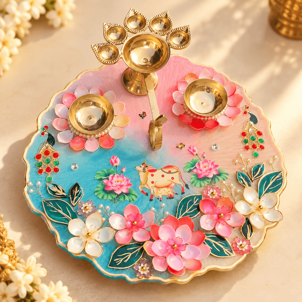 Resin Pooja Thali with Brass Diya Holders | Floral Epoxy Resin Pooja Plate