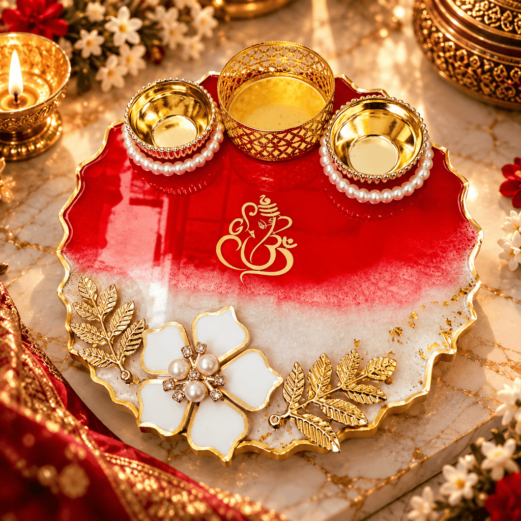Handcrafted Resin Pooja Thali with Gold Accents & Pearl Flower