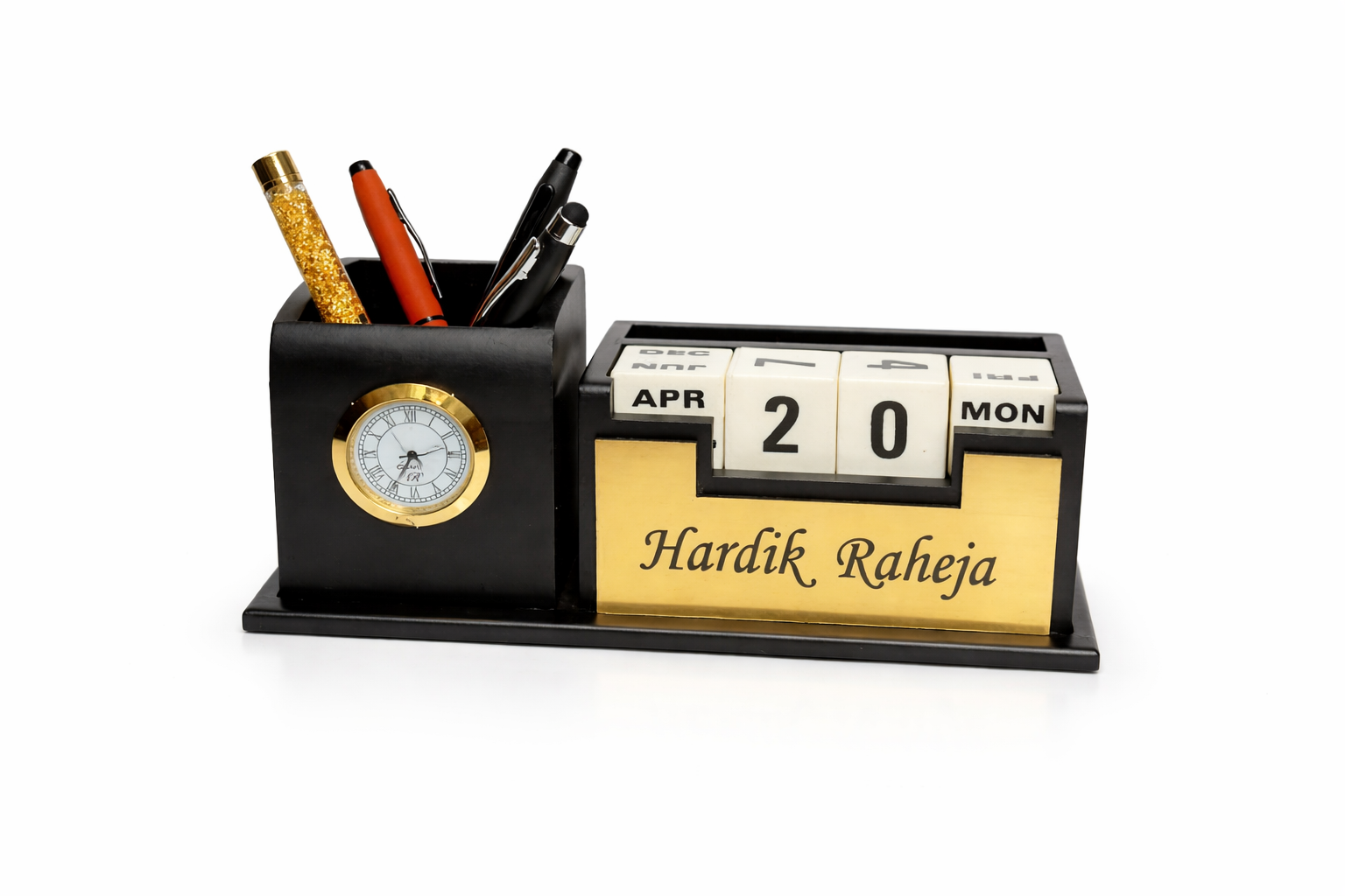 Customized Desk Calendar Clock Pen Stand with Name Plate