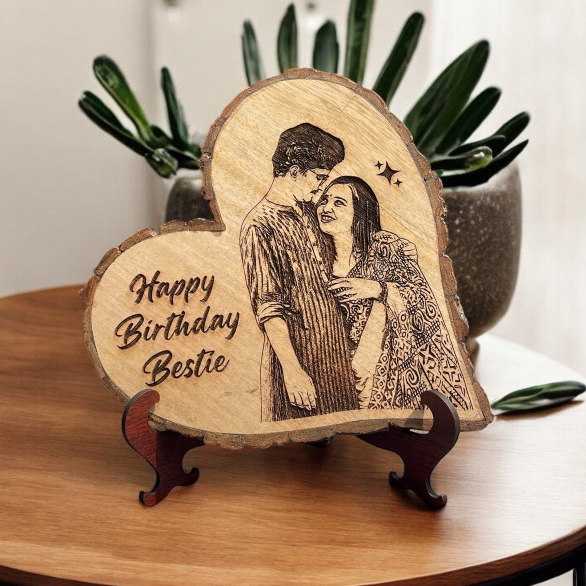 Personalized Wooden Photo Frame with Stand – Custom Engraved Couple Portrait Gift