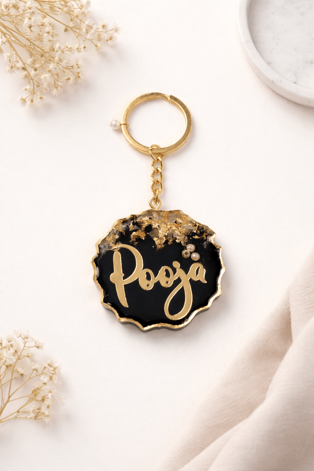 Customized Resin Name Keychain – Black & Gold Premium Personalized Keyring