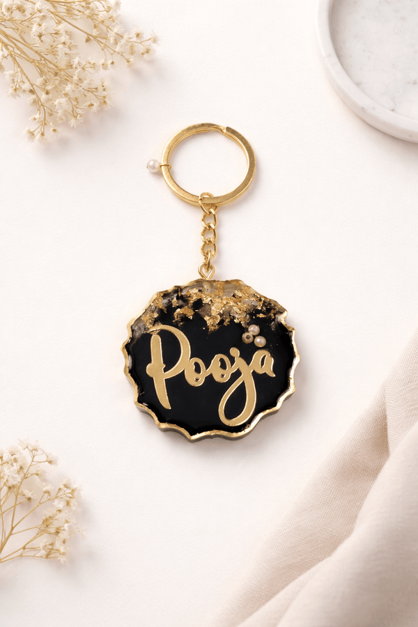 Customized Resin Name Keychain – Black & Gold Premium Personalized Keyring