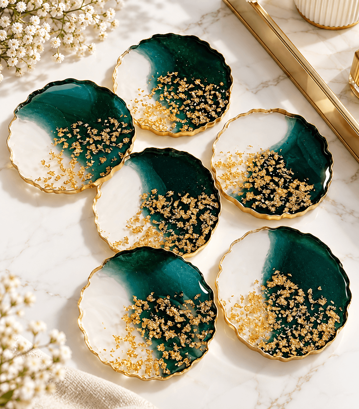 Resin Coasters Set of 6 – Emerald Green & Gold | Jyovin