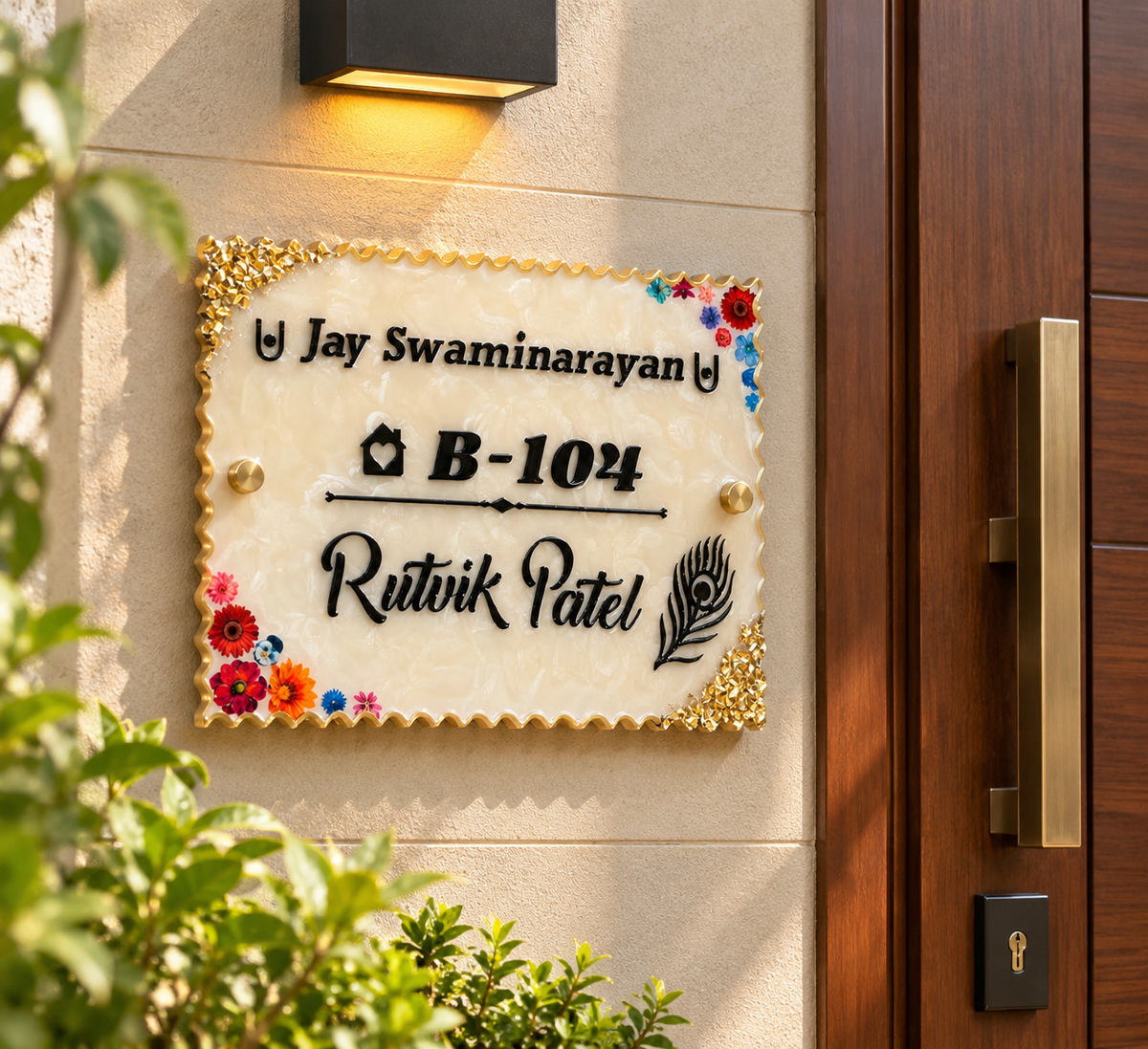 Premium Customized Krishna Resin Name Plate for Home Entrance | Golden 3D Personalized House Name Board