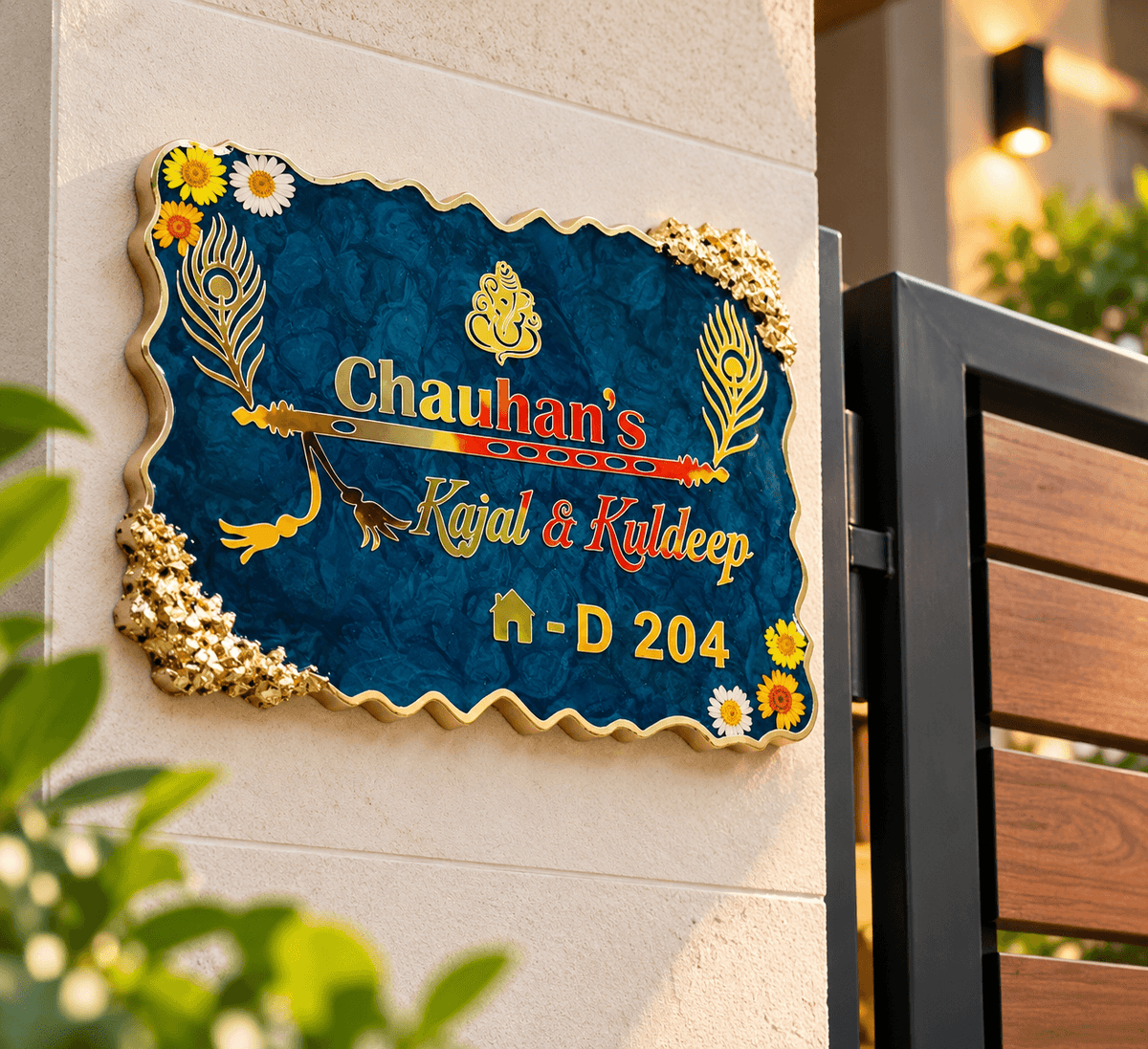 Premium Customized Krishna Resin Name Plate for Home Entrance | Golden 3D Personalized House Name Board