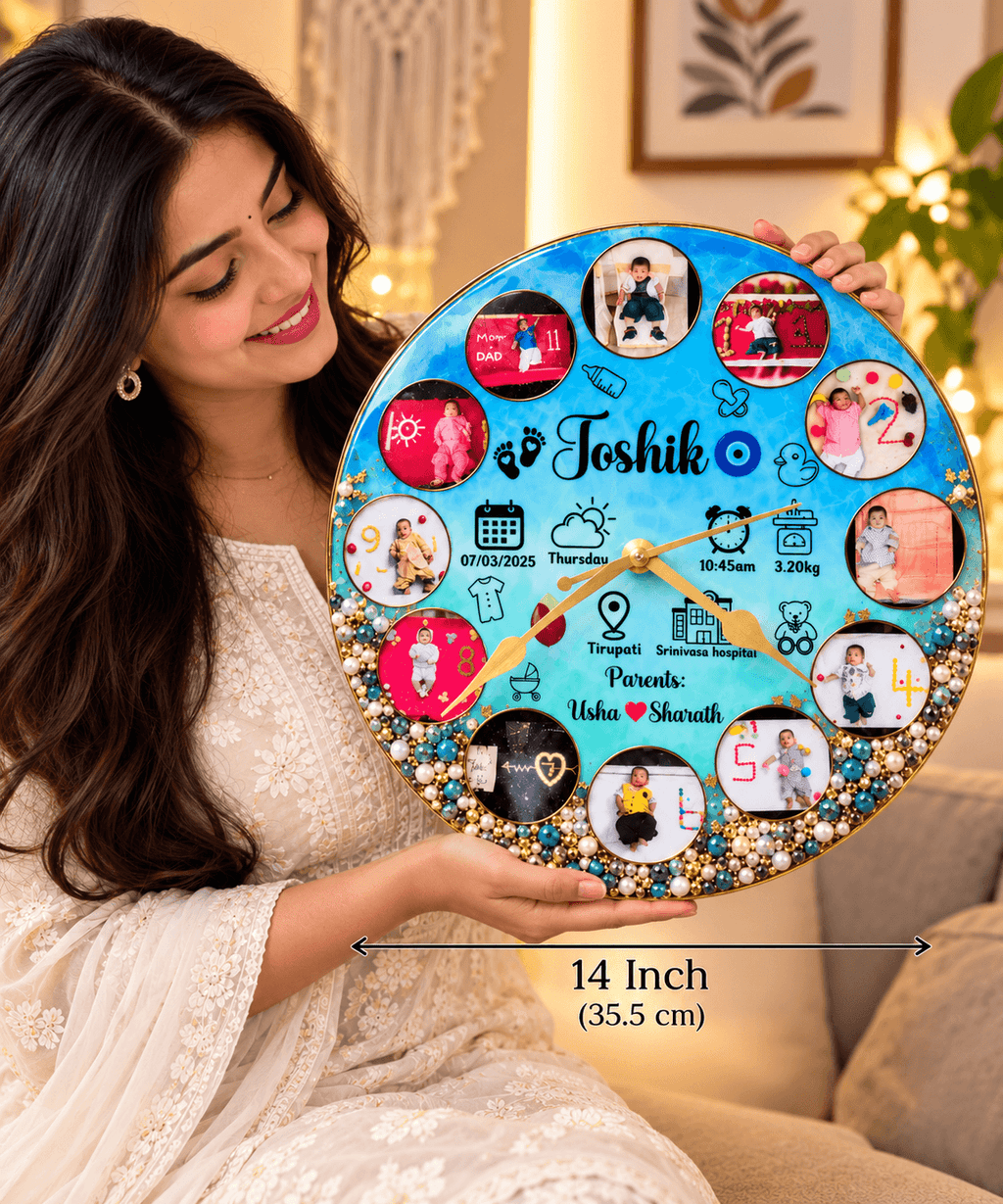 Personalized Baby Milestone Resin Wall Clock with Photos, Name & Birth Details | Jyovin