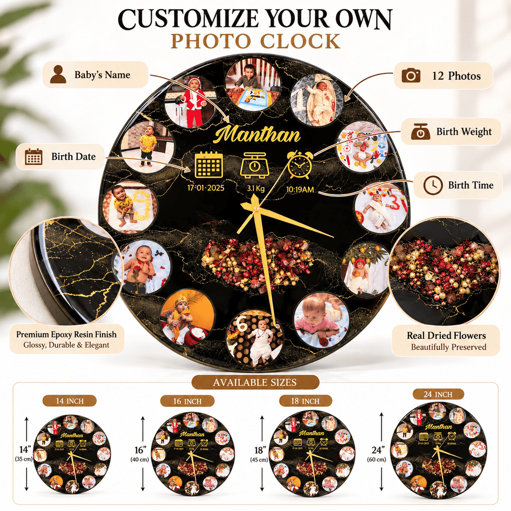 Personalized Photo Wall Clock – Custom Baby Photo & Birth Details | JYOVIN