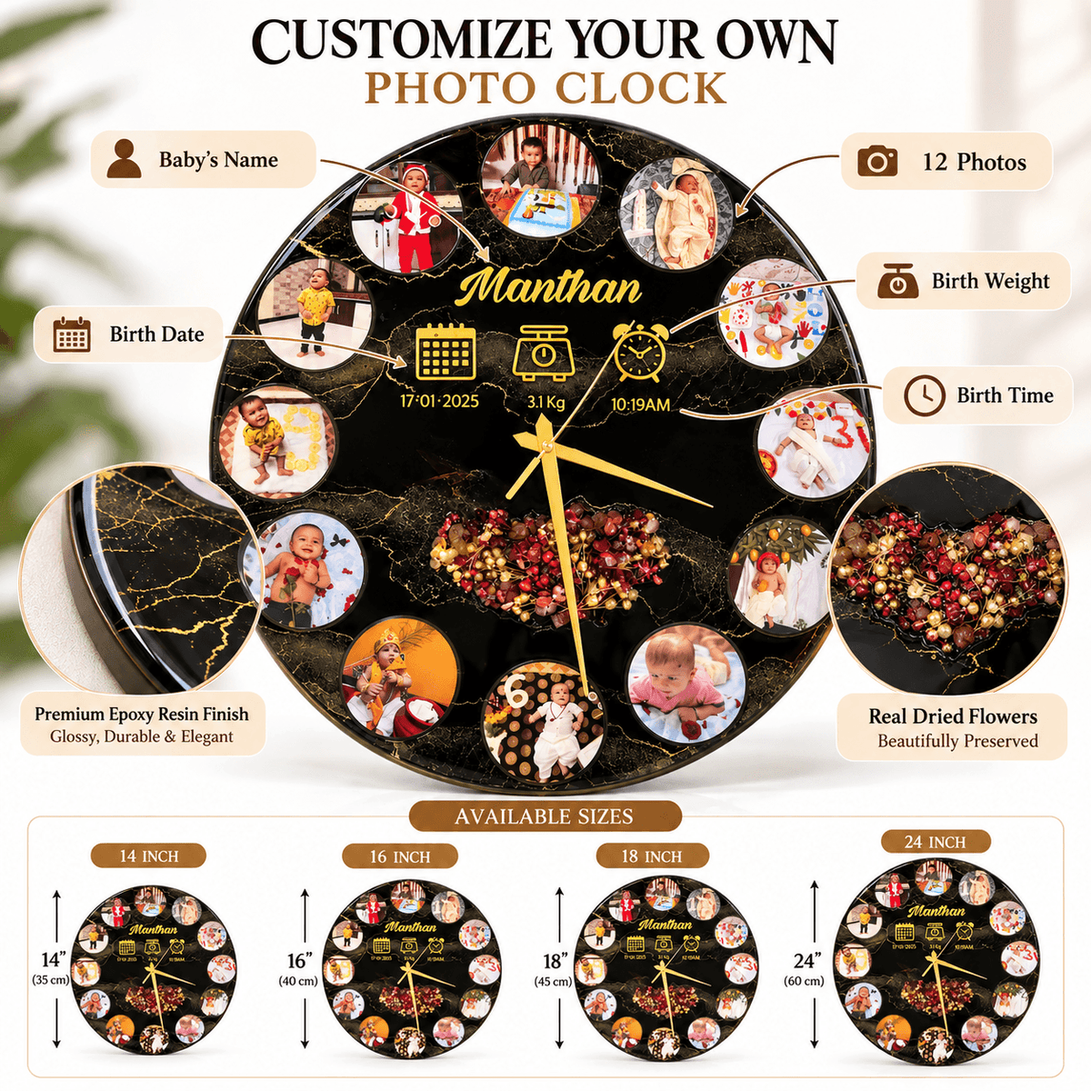 Personalized Photo Wall Clock – Custom Baby Photo & Birth Details | JYOVIN