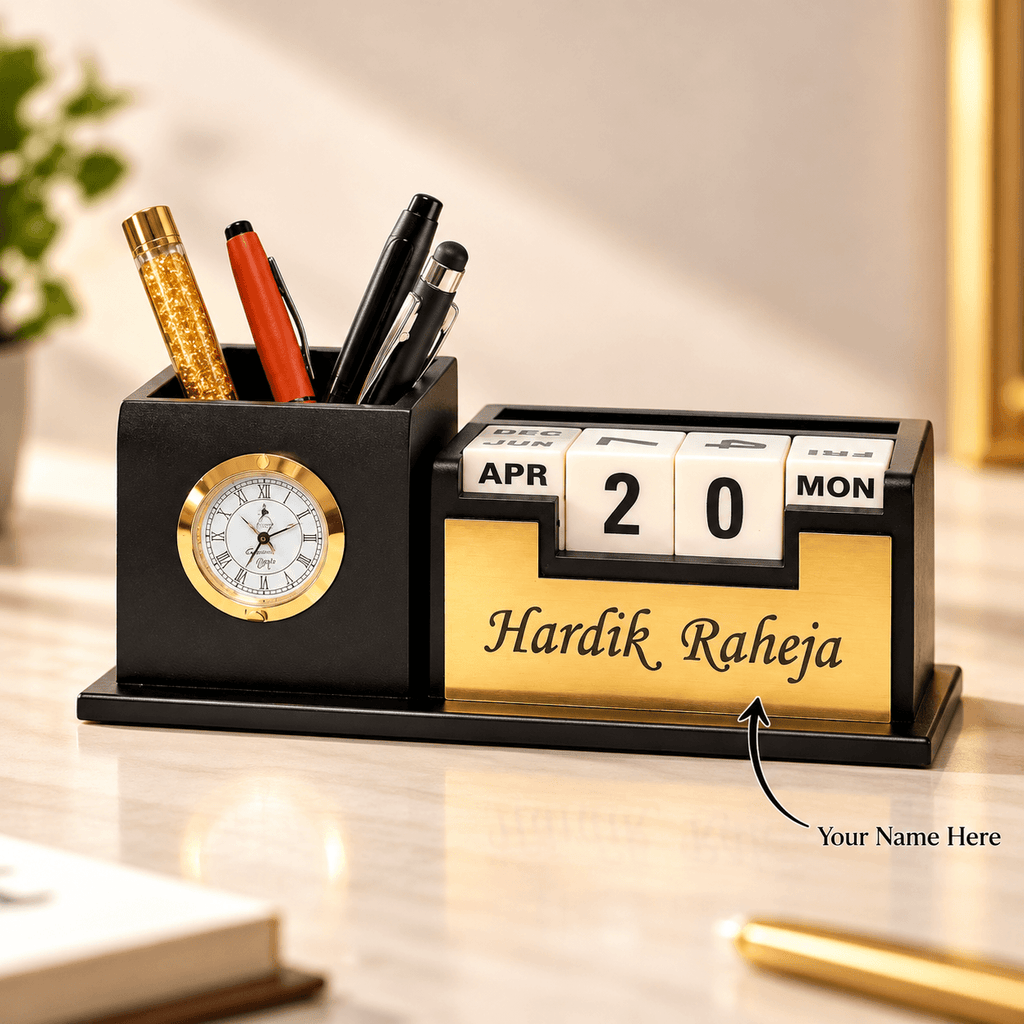 Customized Desk Calendar Clock Pen Stand with Name Plate