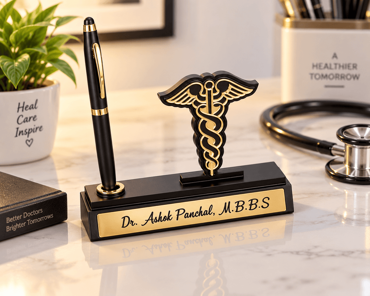 Personalized Doctor Pen Stand with Name & Caduceus