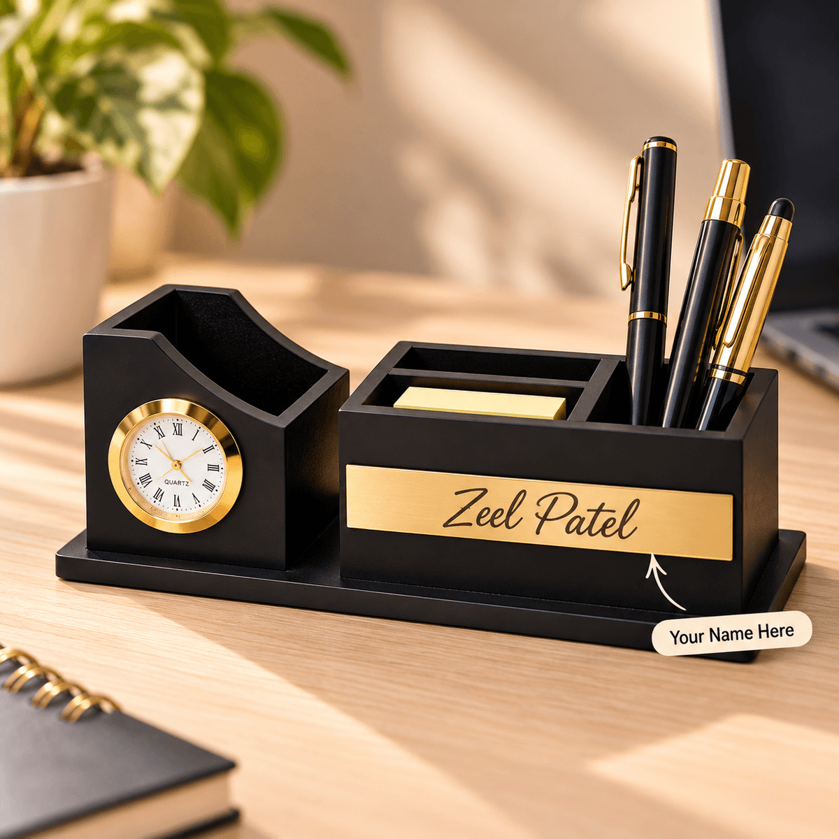 Personalized Wooden Desk Organizer with Clock & Pen Stand