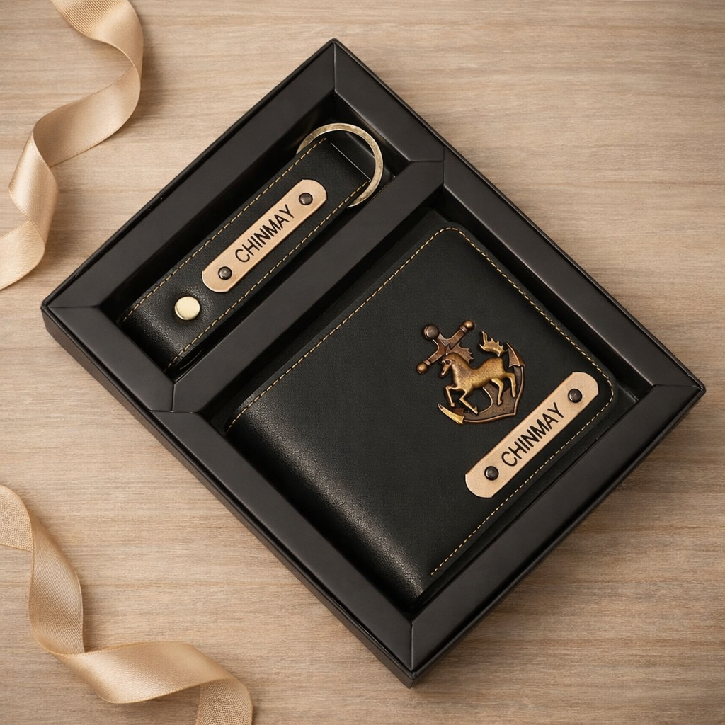 Personalized Premium Leather Wallet & Keychain Gift Set