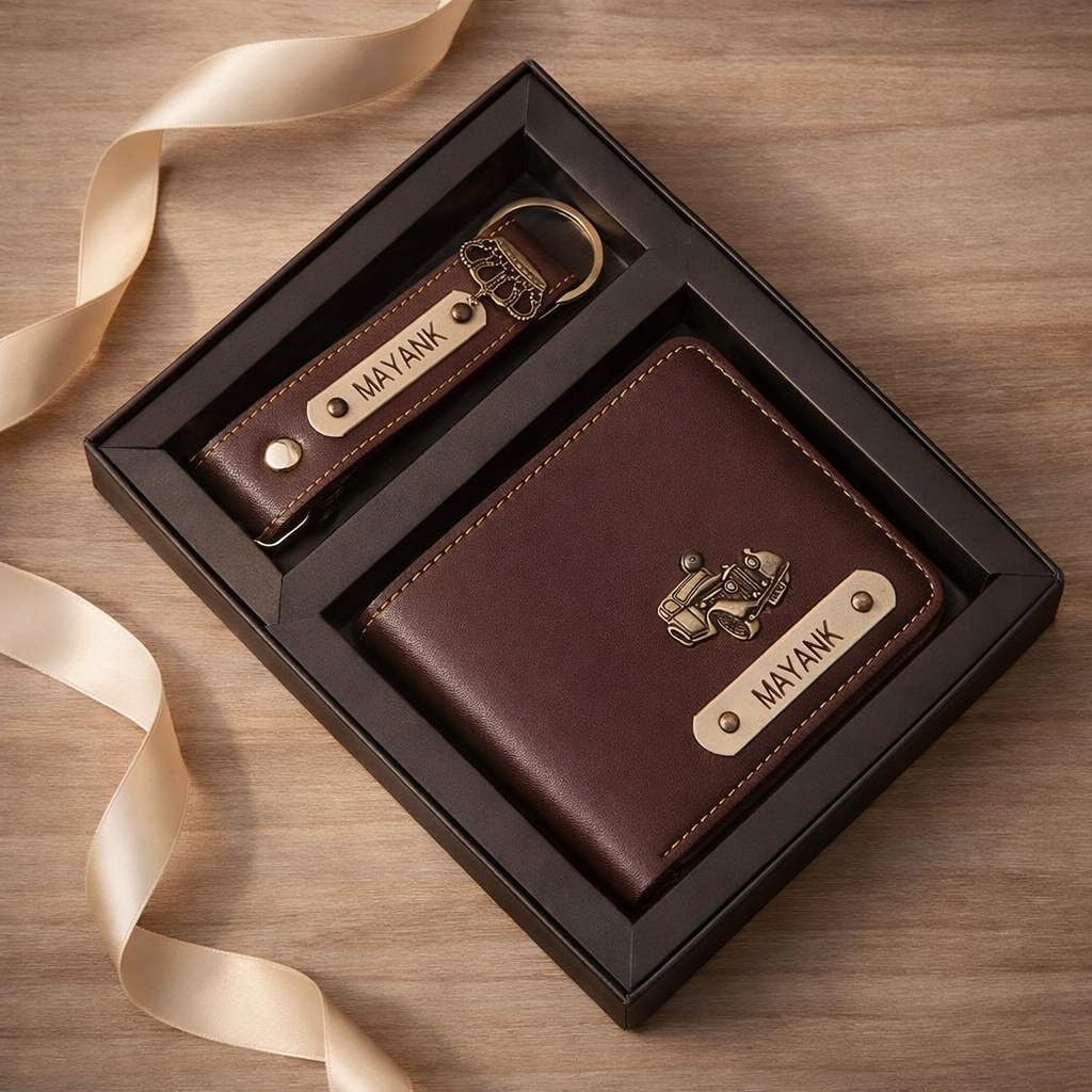 Personalized Premium Leather Wallet & Keychain Gift Set