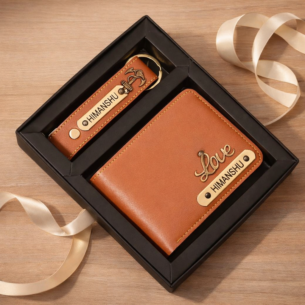 Personalized Premium Leather Wallet & Keychain Gift Set