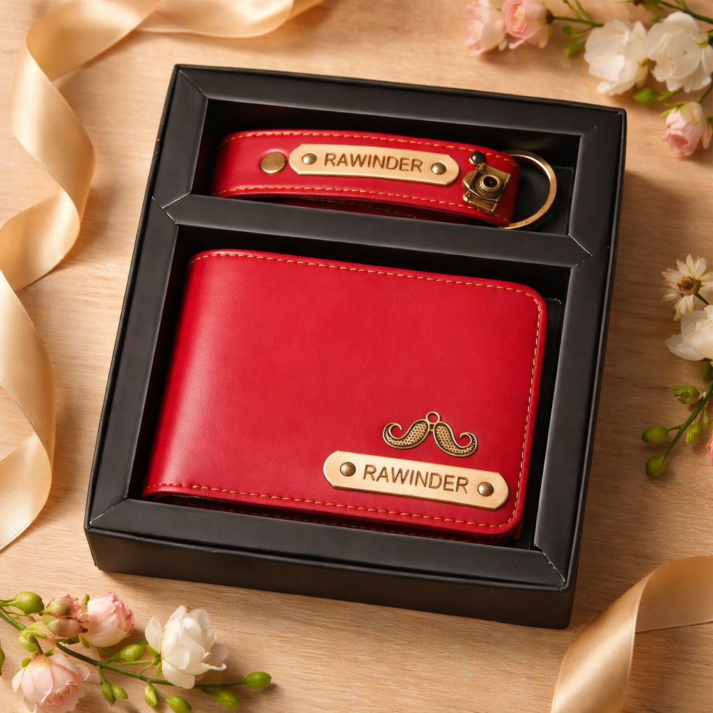 Personalized Premium Leather Wallet & Keychain Gift Set