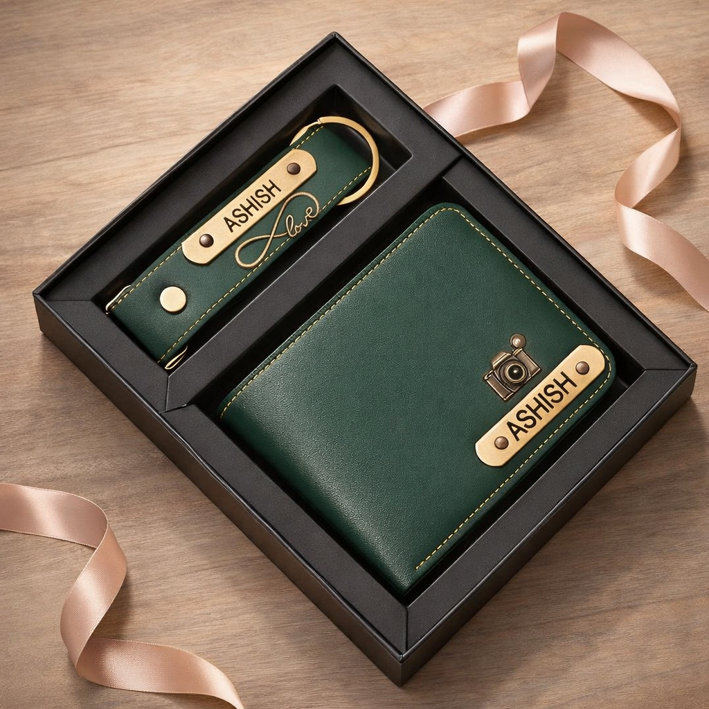 Personalized Premium Leather Wallet & Keychain Gift Set