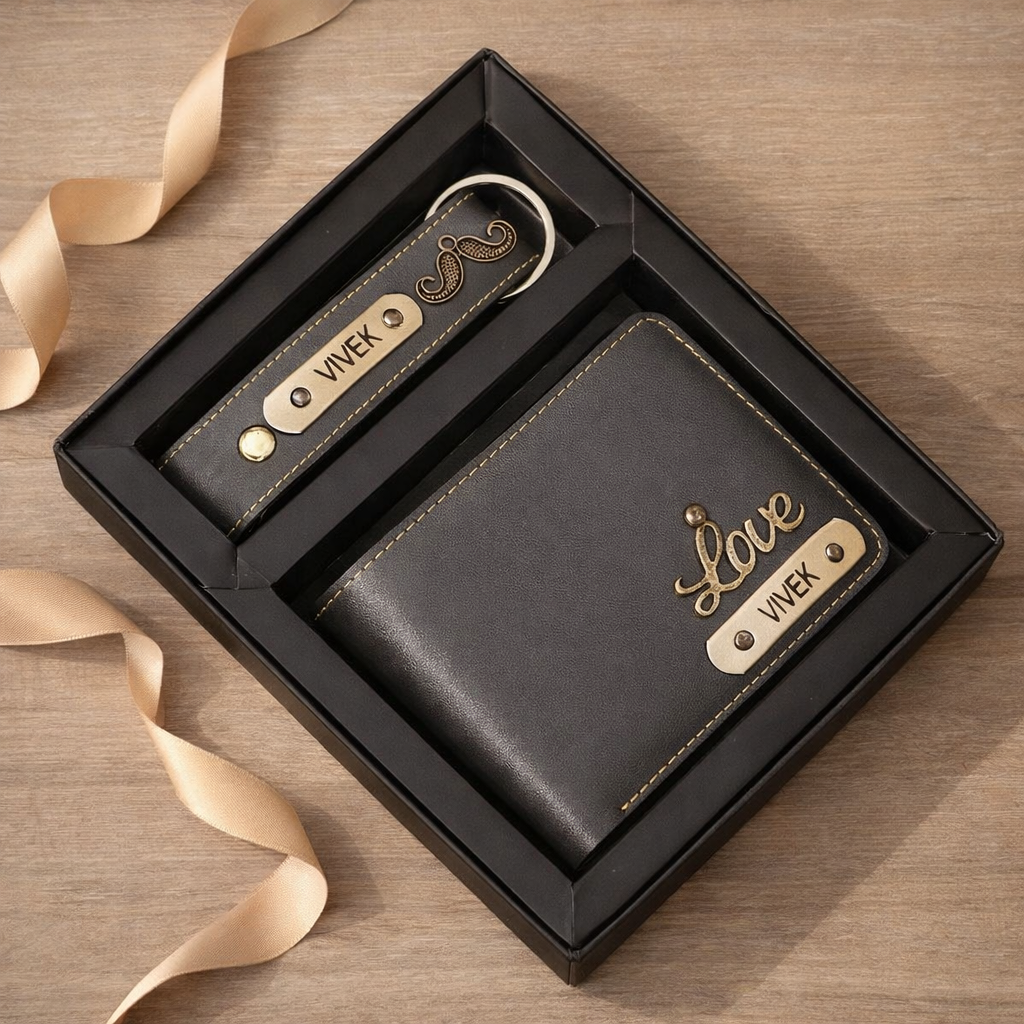 Personalized Premium Leather Wallet & Keychain Gift Set