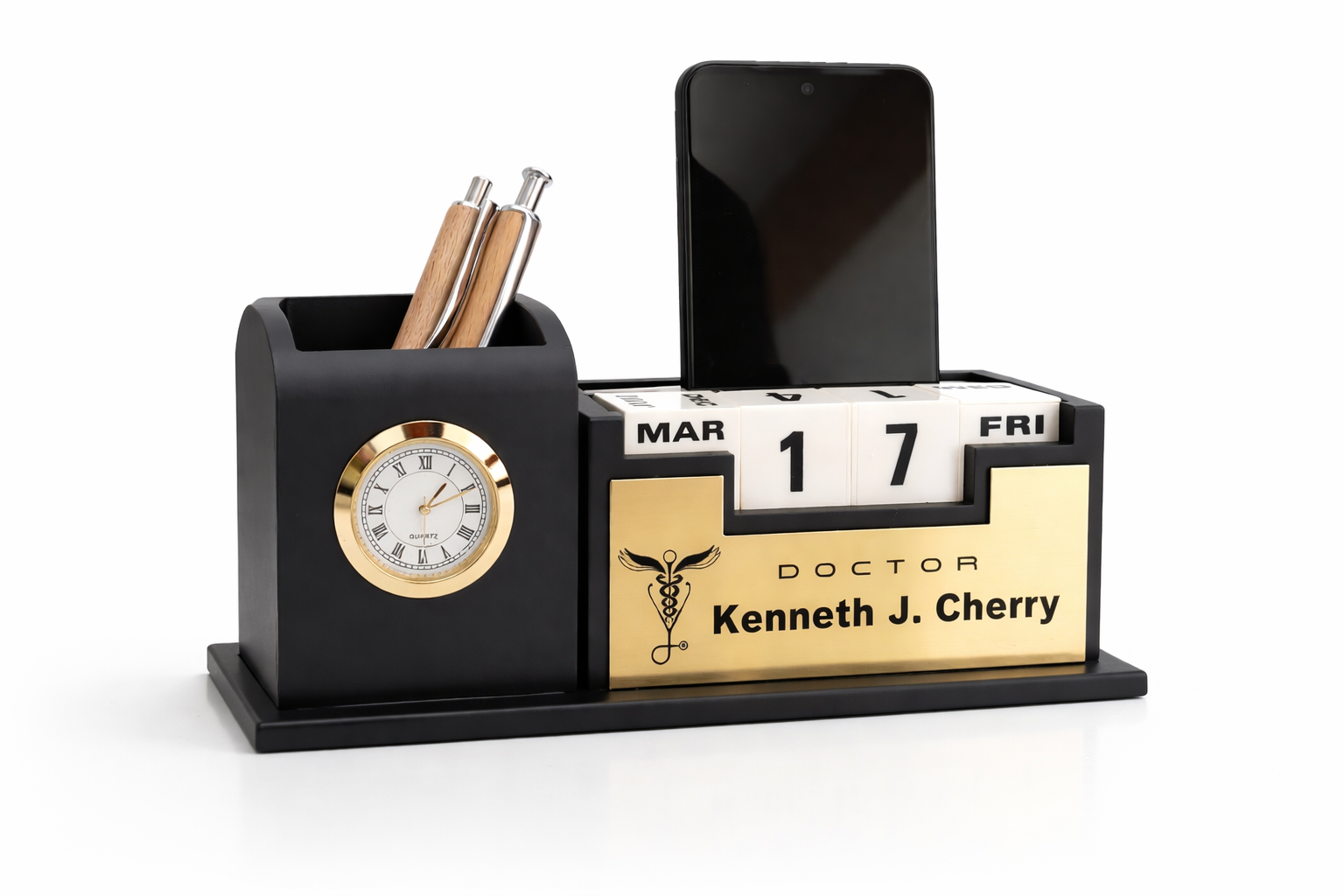 Customized Desk Calendar Clock Pen Stand with Name Plate