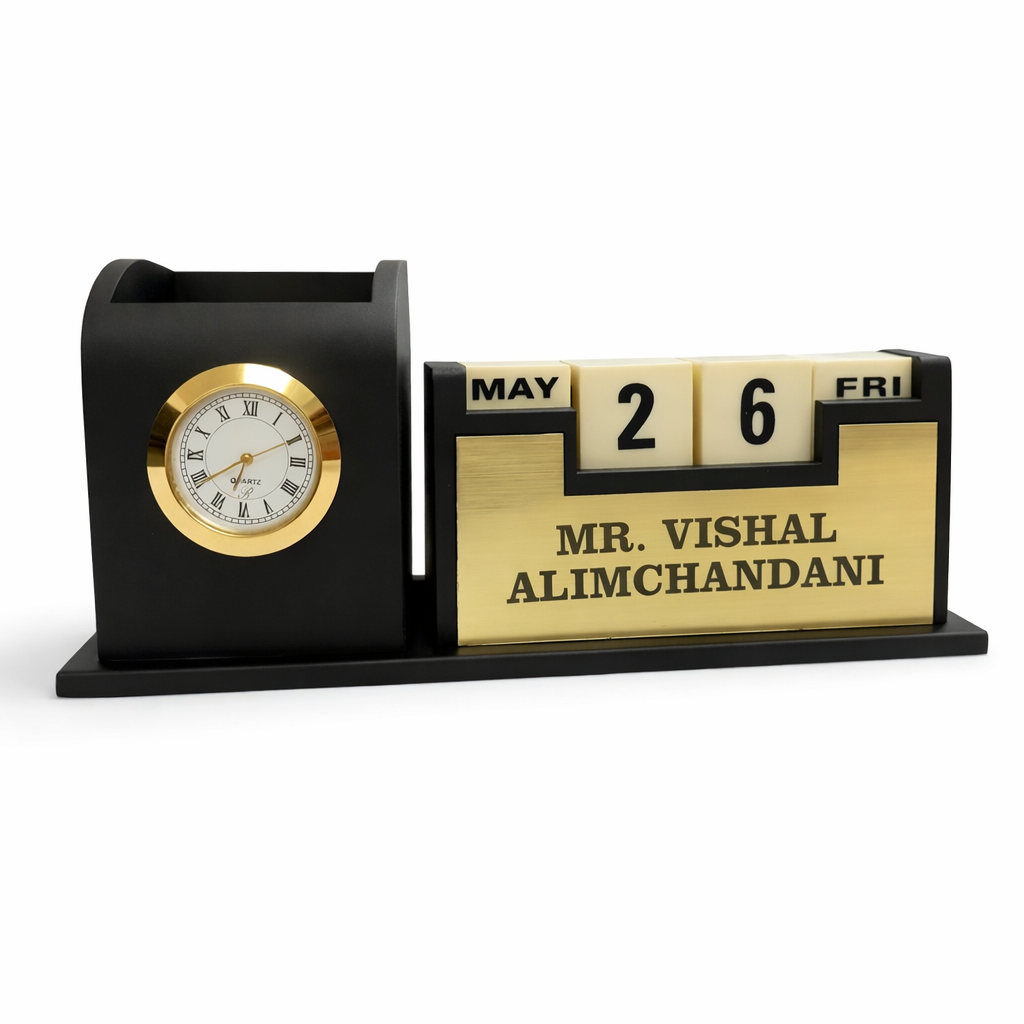 Customized Desk Calendar Clock Pen Stand with Name Plate