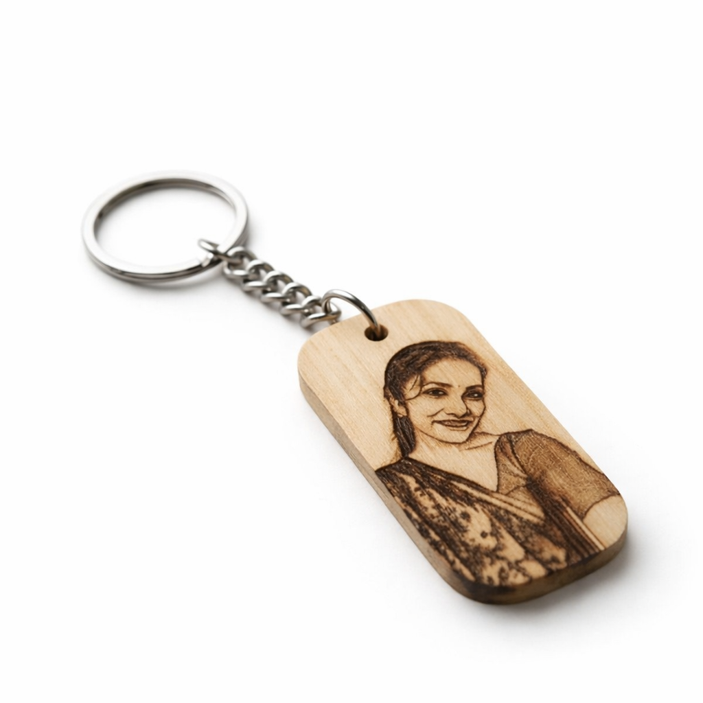 Personalized Wooden Photo Keychain – Custom Engraved Portrait