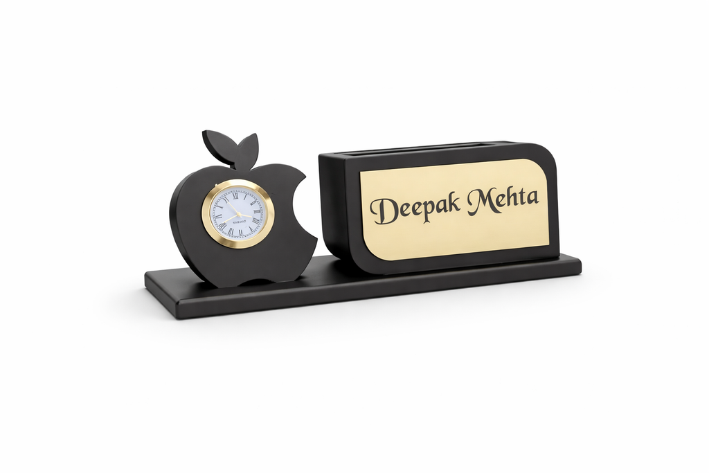 Personalized Wooden Desk Name Plate with Clock & Pen Stand