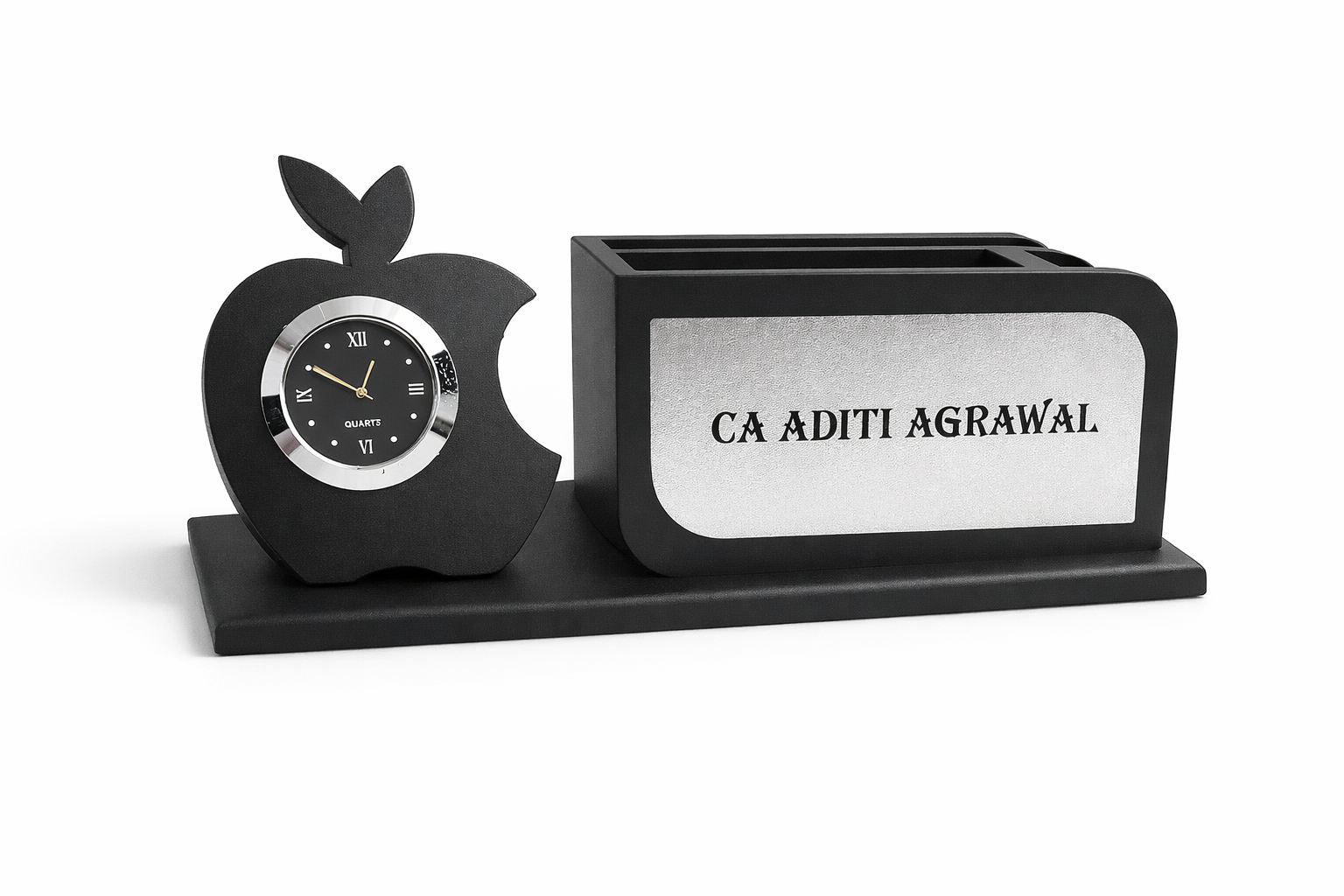 Personalized Wooden Desk Name Plate with Clock & Pen Stand