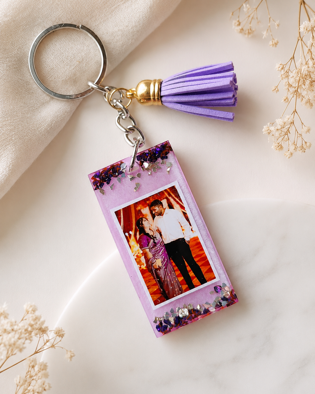 Personalized Resin Photo Keychain with Tassel | Custom Picture Keyring Gift